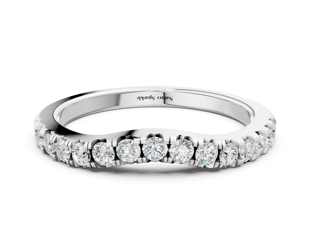 White gold Round Diamond Curved Pavé Wedding Band with Shared Prong Setting