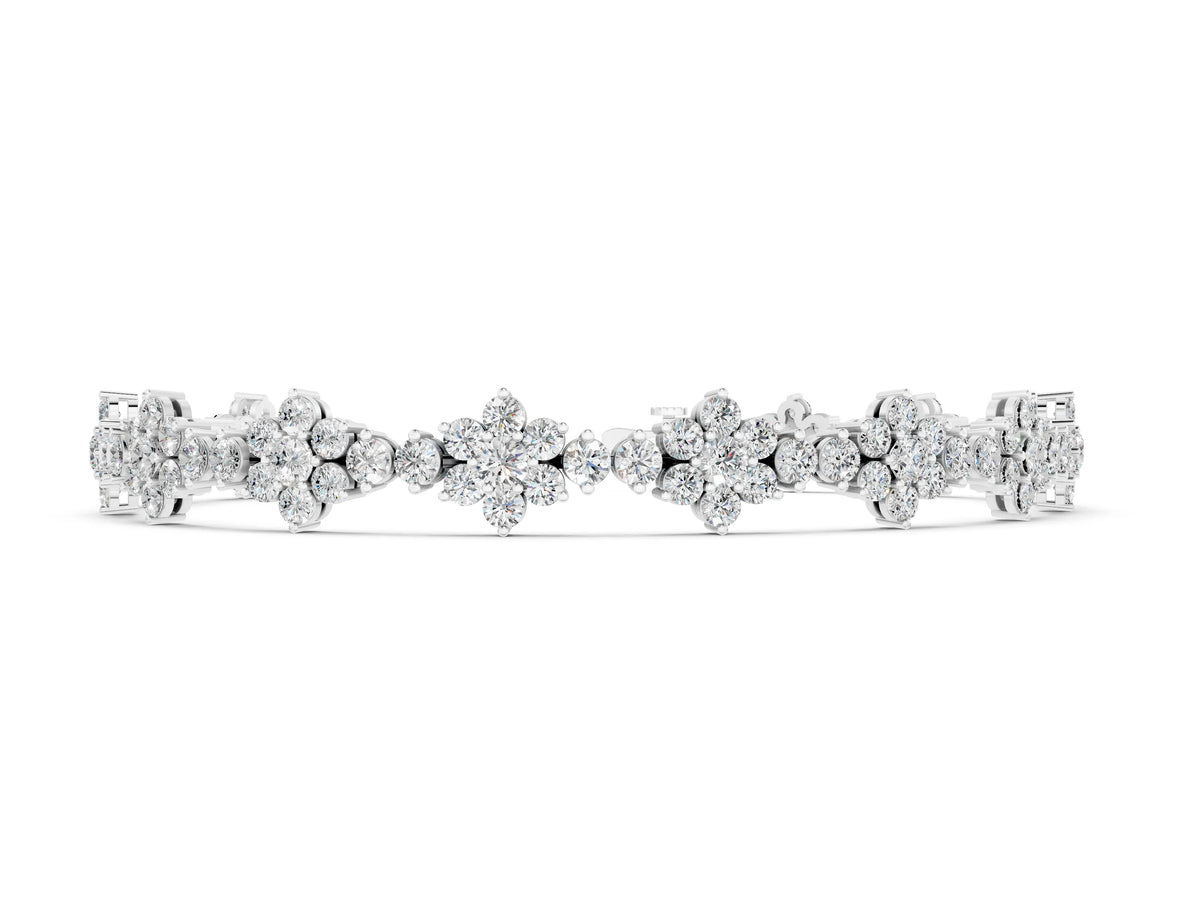 White gold Round Diamond Floral Cluster Tennis Bracelet with Prong Setting