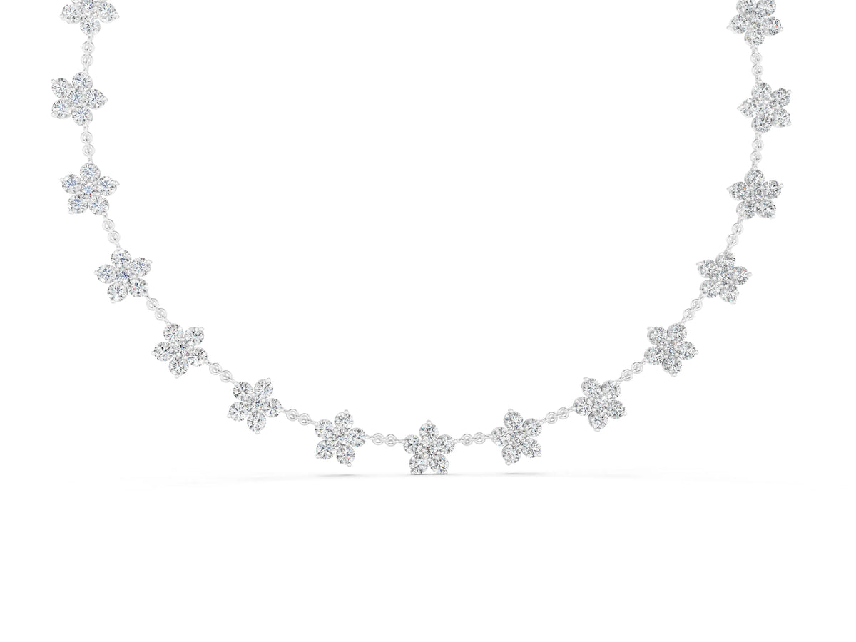 White gold Round Diamond Floral Station Necklace with Diamond Accents