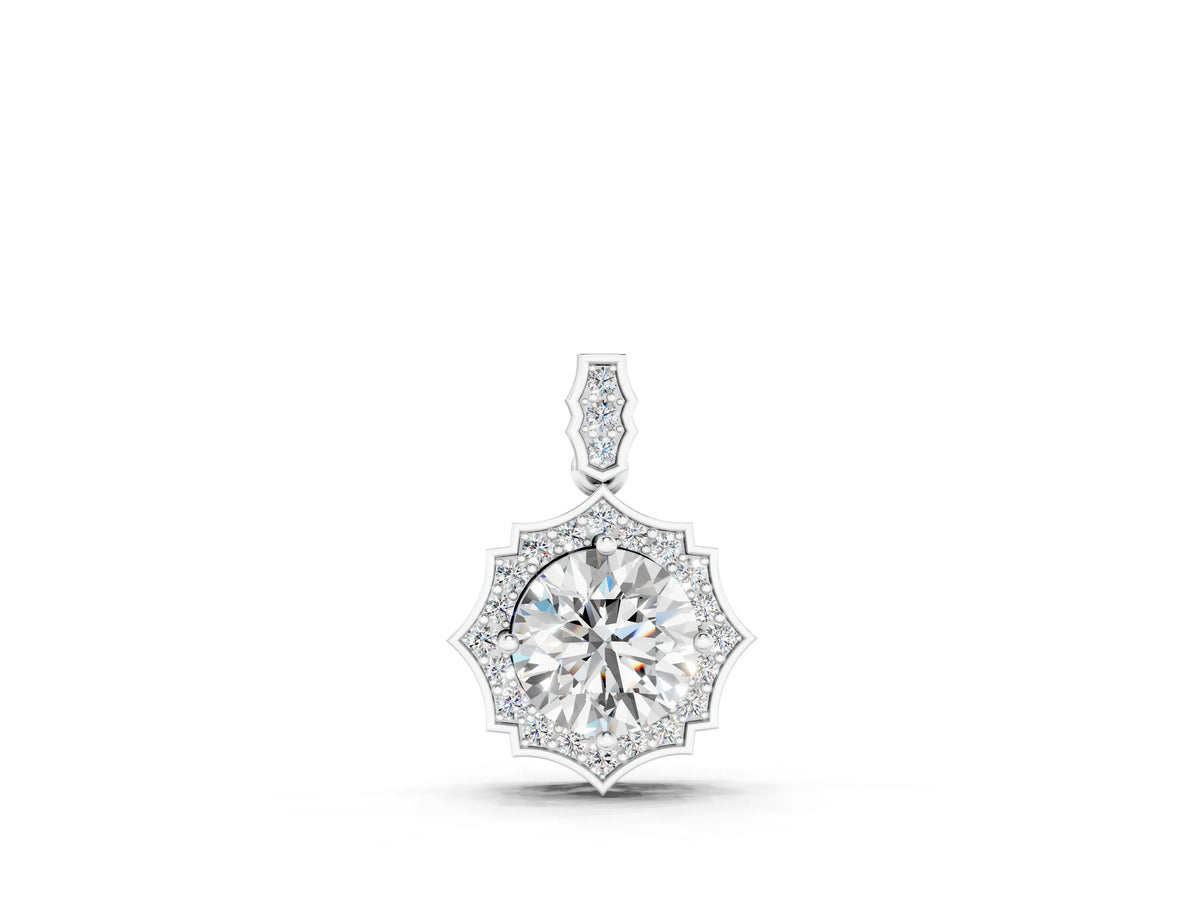 White gold Round Diamond Halo Pendant with Milgrain Prong Setting