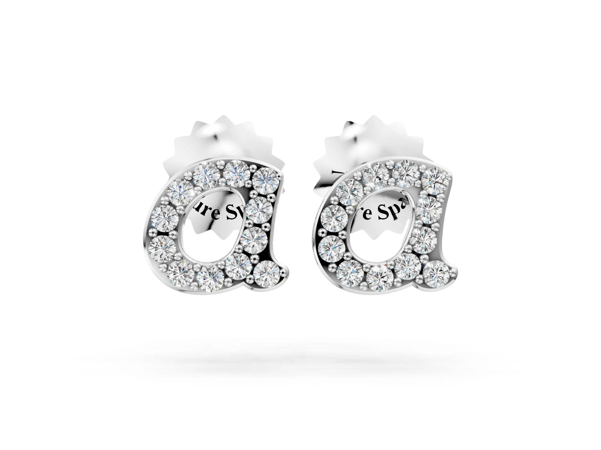 White gold Round Diamond Initial A Stud Earrings