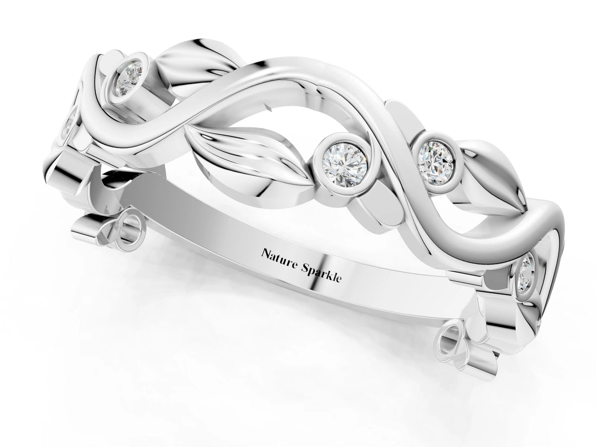 White gold Round Diamond Leaf Eternity Band with Bezel Setting_1