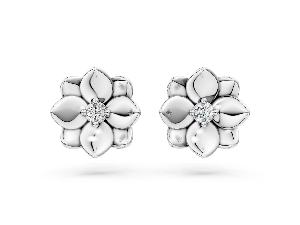 White gold Round Diamond Magnolia Floral Stud Earrings