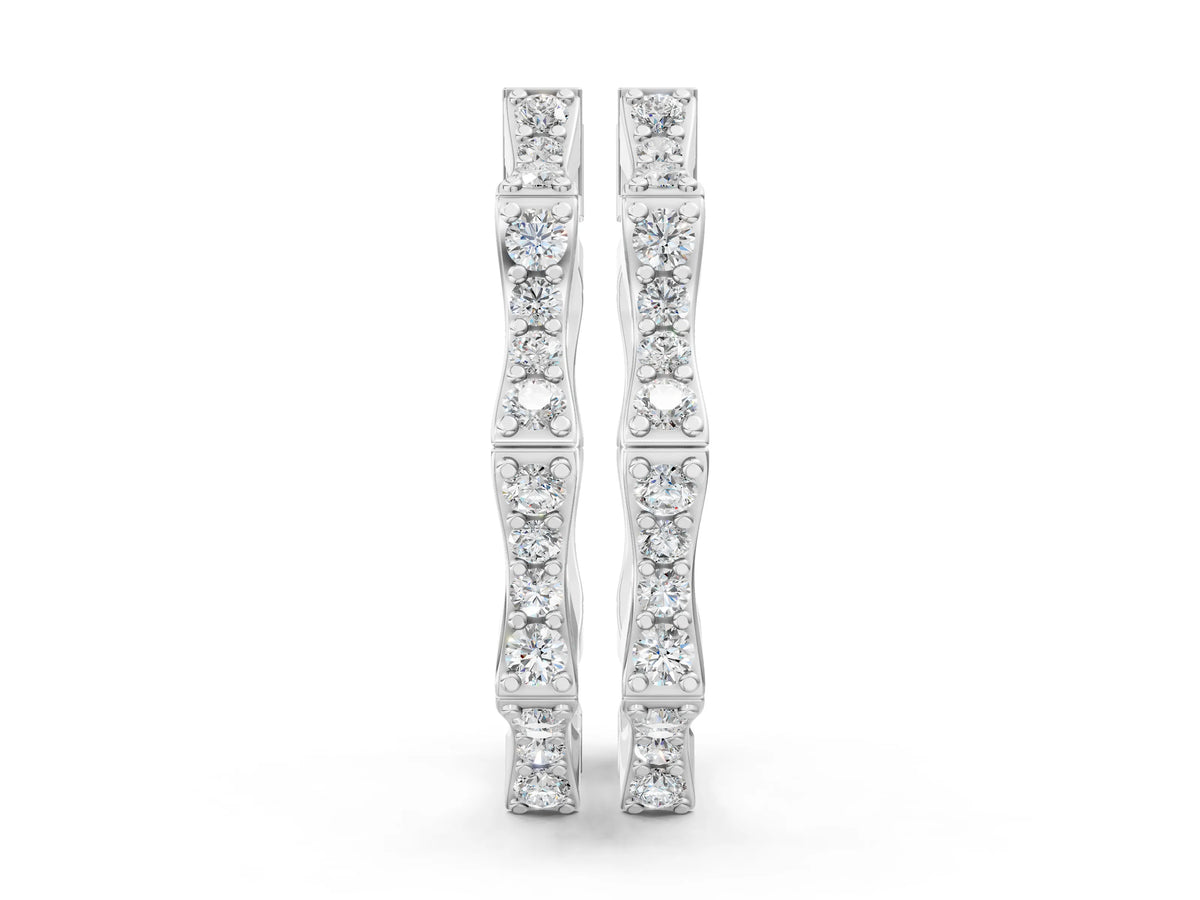 White gold Round Diamond Pavé Bamboo Hoop Earrings with Four-Prong Setting
