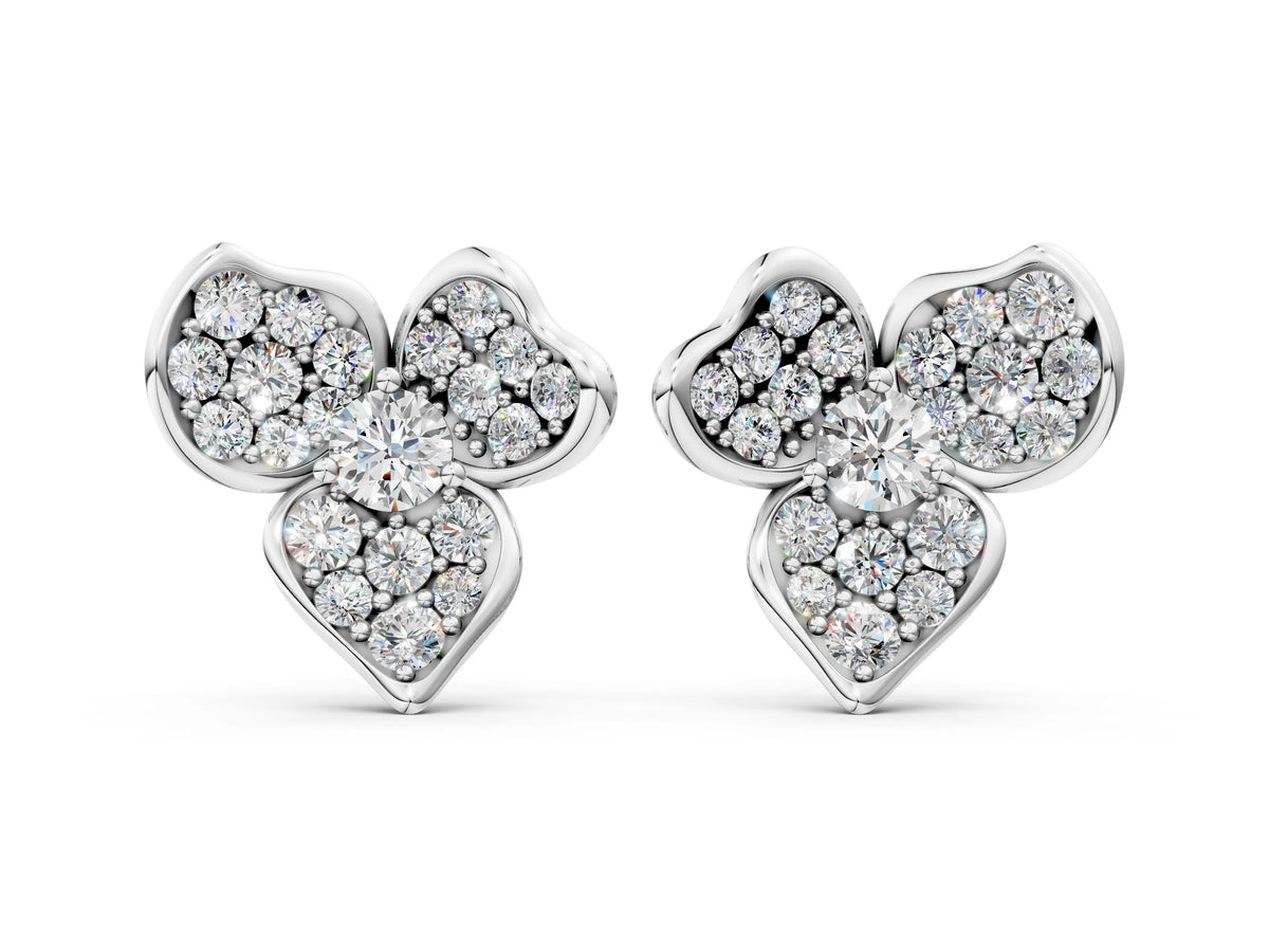 White gold Round Diamond Pavé Flower Stud Earrings