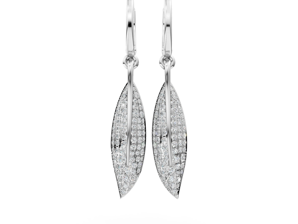 White gold Round Diamond Pavé Leaf Huggie Drop Earrings