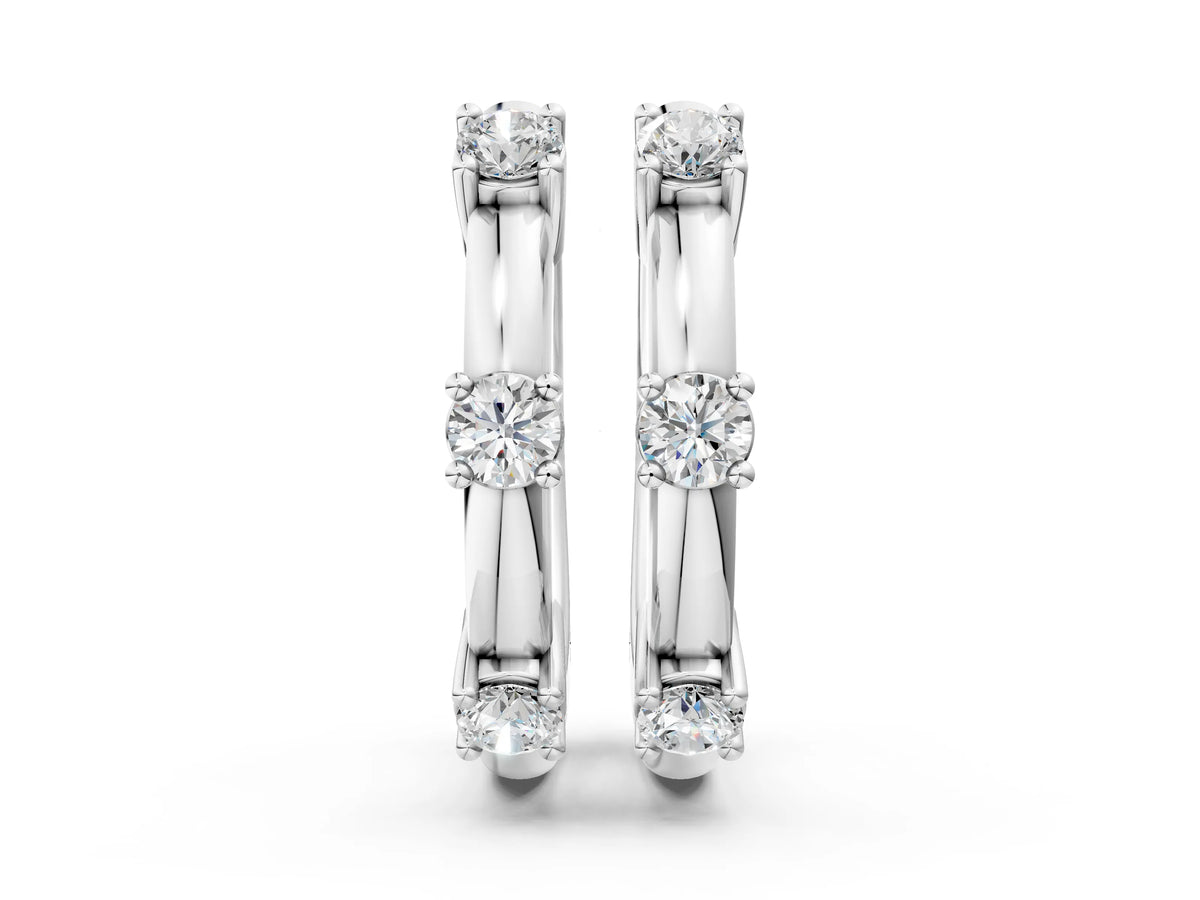White gold Round Diamond Station Huggie Hoop Earrings