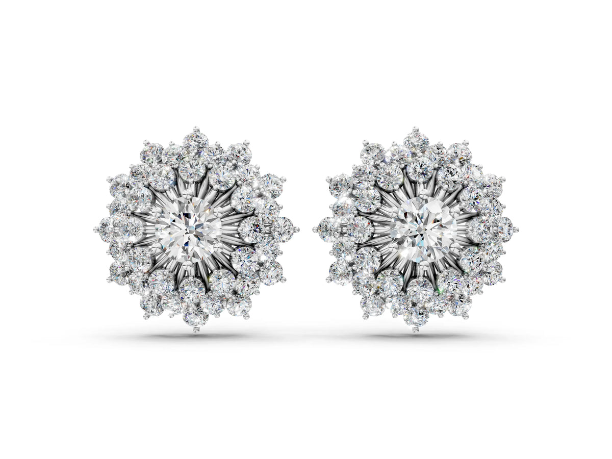 White gold Round Diamond Sunburst Stud Earrings