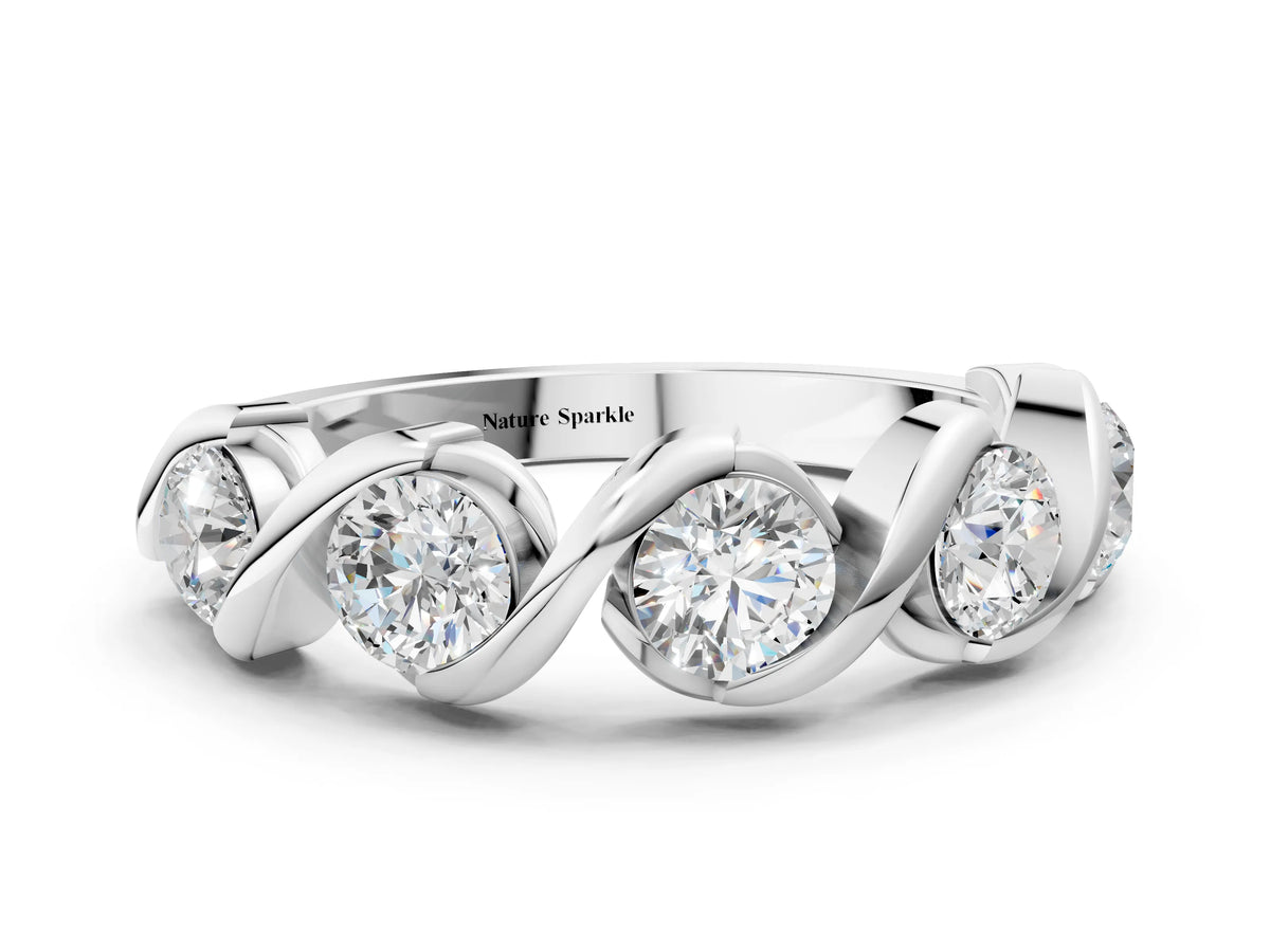 White gold Round Diamond Wave Band with Channel Setting and Shared Prongs