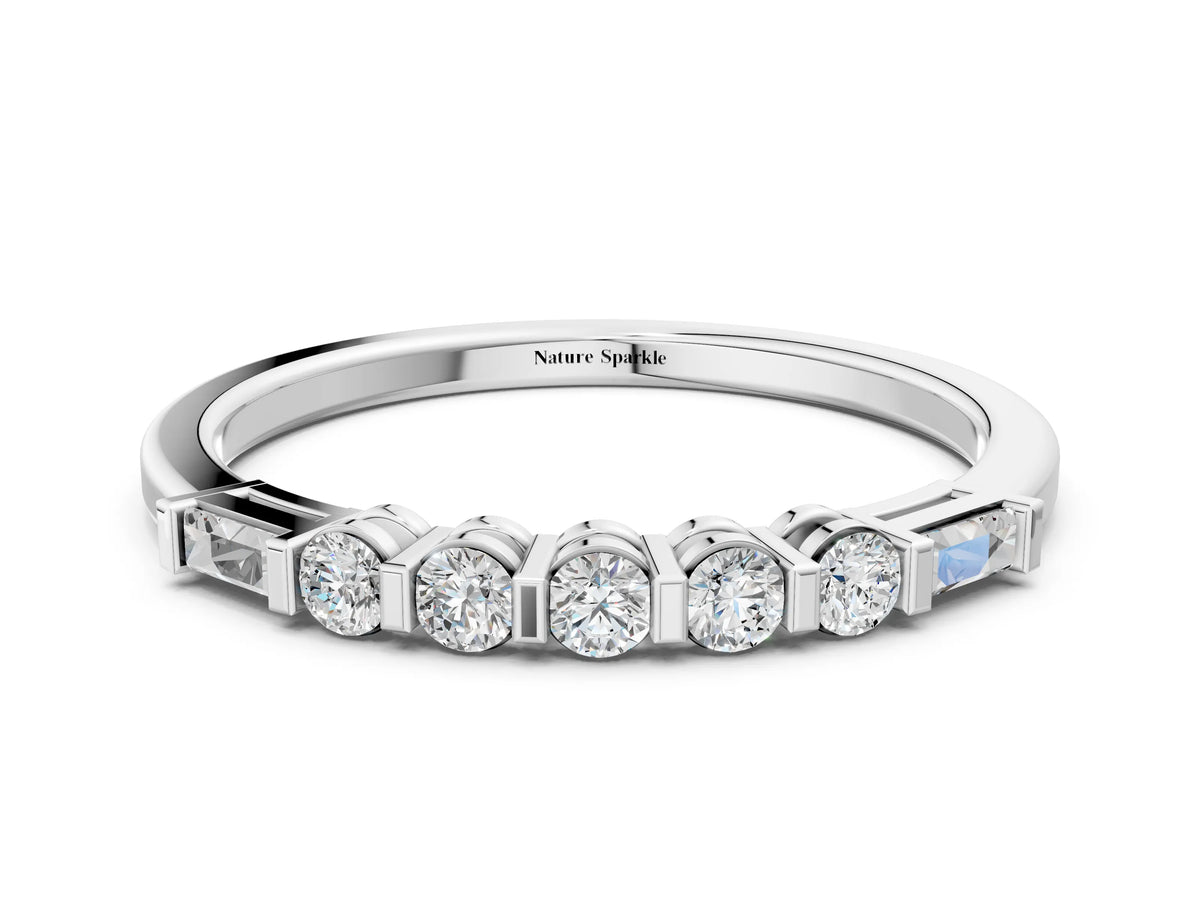 White gold Round and Baguette Diamond Prong Set Half-Eternity Band
