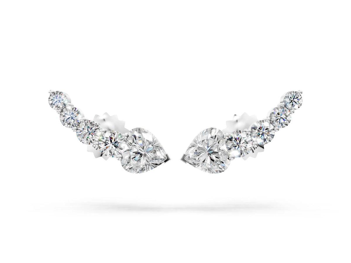 White gold Round and Heart Diamond Petite Ear Climber Earrings