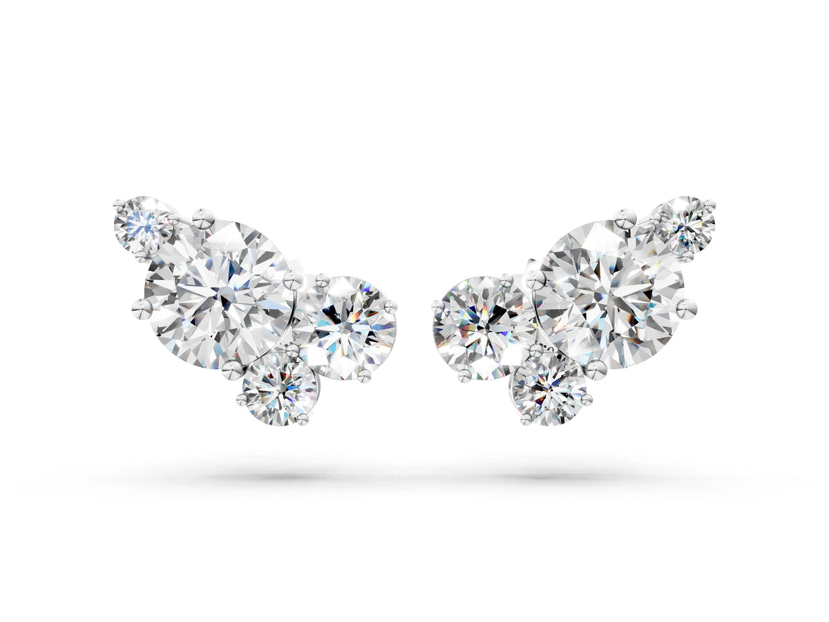 White gold Round and Oval Diamond Hydrangea Bouquet Stud Earrings with Round Diamond Accents