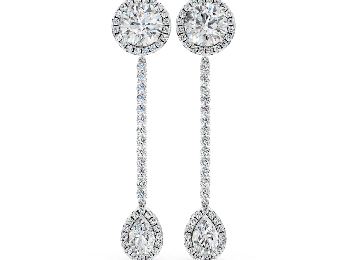 White gold Round and Pear Diamond Halo Drop Earrings