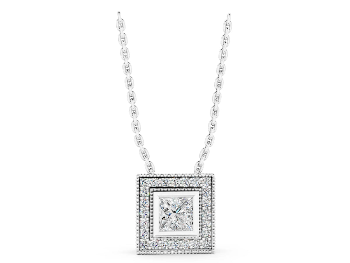 White gold Square Halo Princess Cut Pendant with Bezel Setting_1