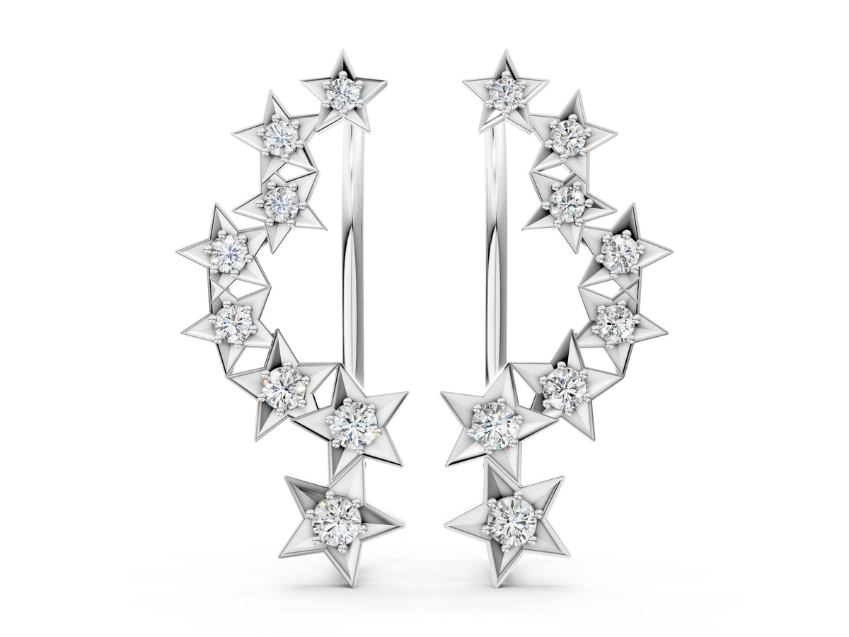 White gold Star Cluster Diamond Crescent Earrings with Round Cut Stones on a Curved Band and Prong Setting