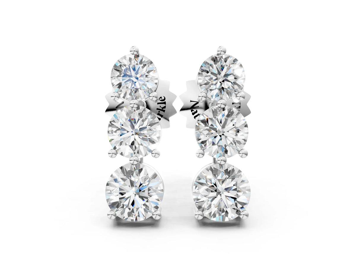White gold Three-Stone Round Diamond Prong-Set Drop Earrings