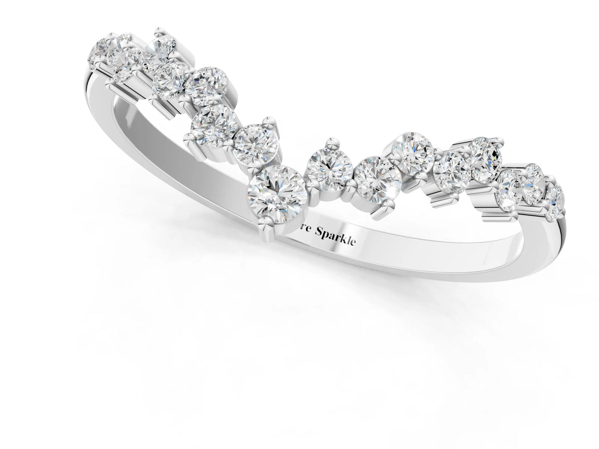 White gold V-Shaped Diamond Cluster Curved Band with Round Brilliant Cut Stones and Prong Setting_1