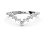White gold V-Shaped Diamond Cluster Curved Band with Round Brilliant Cut Stones and Prong Setting