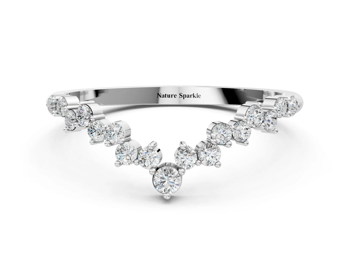 White gold V-Shaped Diamond Cluster Curved Band with Round Brilliant Cut Stones and Prong Setting