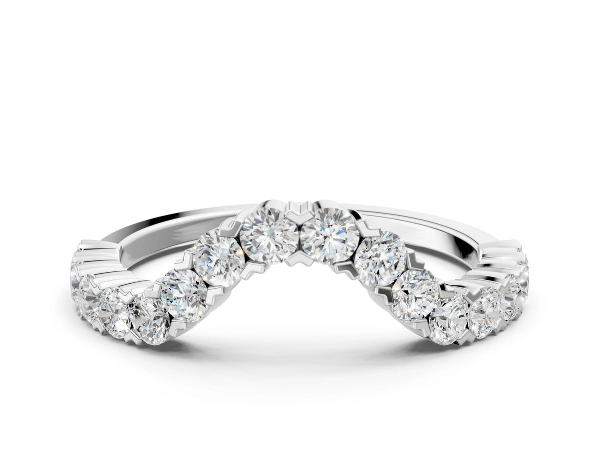 White gold V-Shaped Diamond Round Cut Pavé Band with Prong Setting