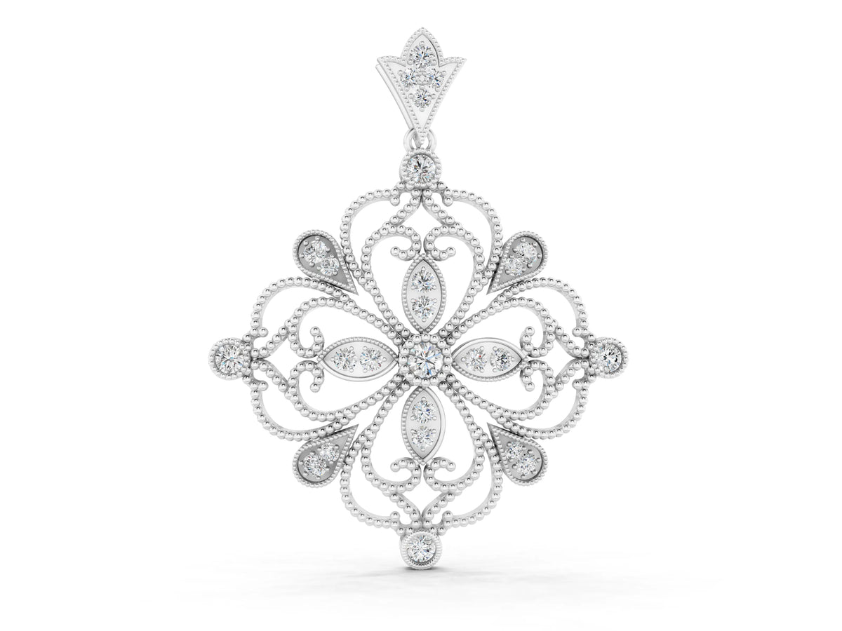White gold Vintage Floral Diamond Pendant with Round Brilliant Cut and Pavé Setting