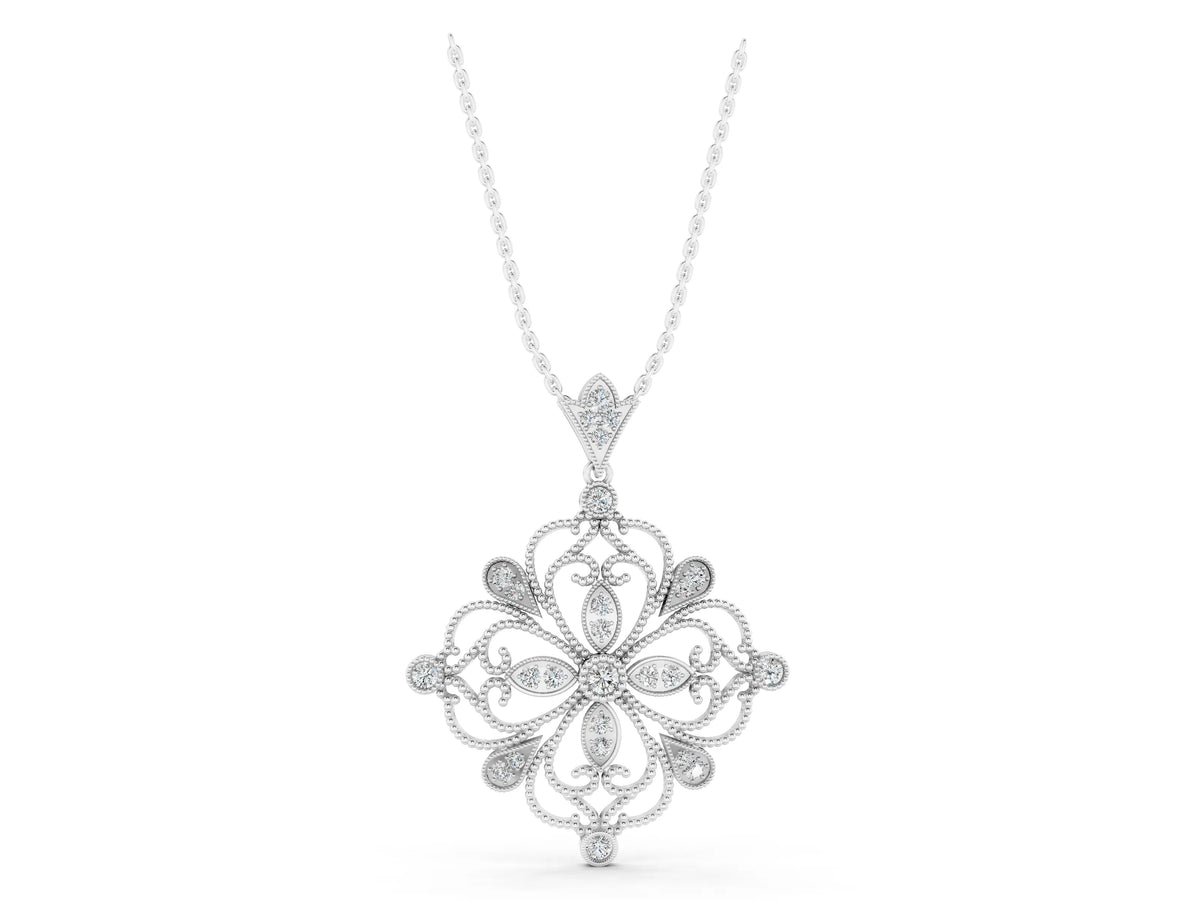 White gold Vintage Floral Diamond Pendant with Round Brilliant Cut and Pavé Setting_1