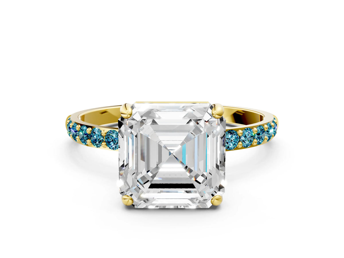 Yellow gold Asscher Cut Diamond Solitaire Ring with Round Blue Topaz Pavé Band and Prong Setting