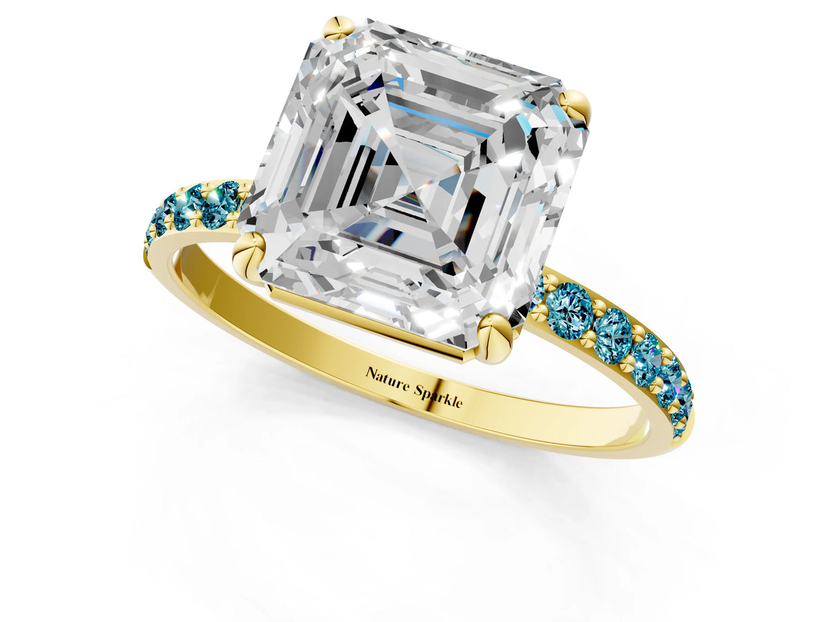 Yellow gold Asscher Cut Diamond Solitaire Ring with Round Blue Topaz Pavé Band and Prong Setting_1