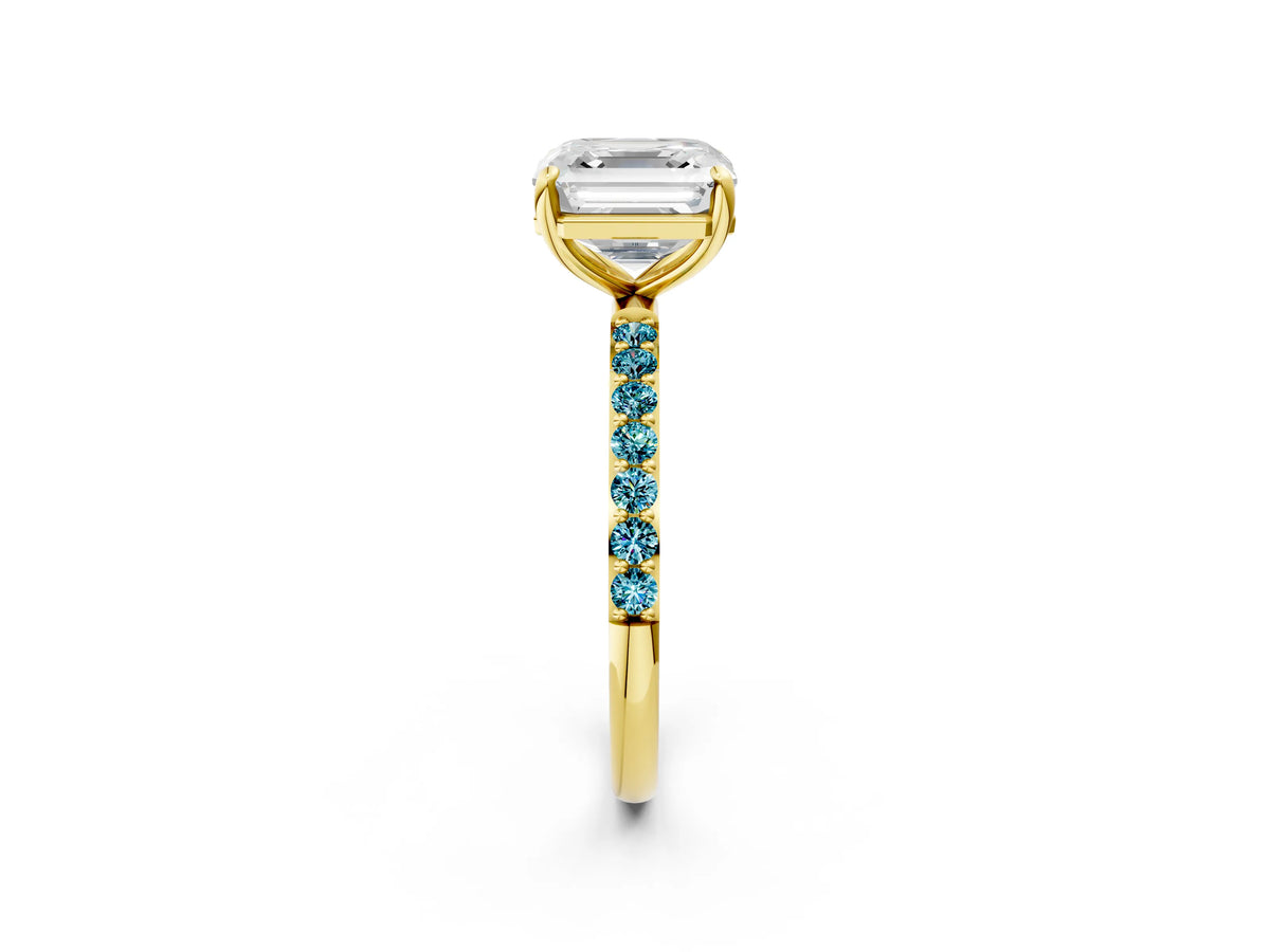 Yellow gold Asscher Cut Diamond Solitaire Ring with Round Blue Topaz Pavé Band and Prong Setting_2