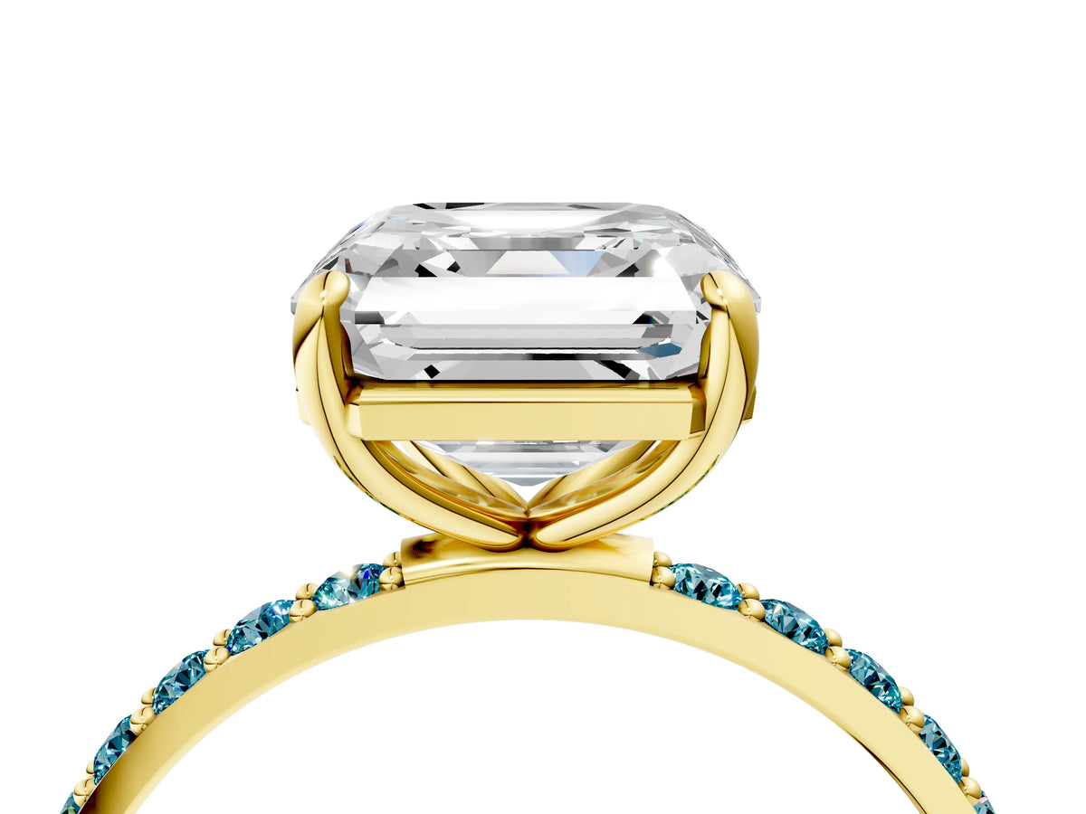 Yellow gold Asscher Cut Diamond Solitaire Ring with Round Blue Topaz Pavé Band and Prong Setting_4
