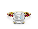 Yellow gold Asscher Cut Diamond Solitaire Ring with Round Garnet Pavé Band and Prong Setting