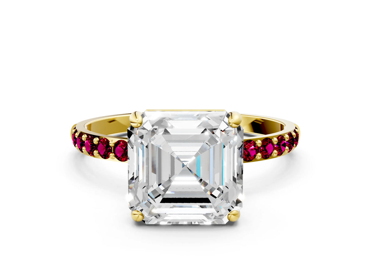 Yellow gold Asscher Cut Diamond Solitaire Ring with Round Garnet Pavé Band and Prong Setting