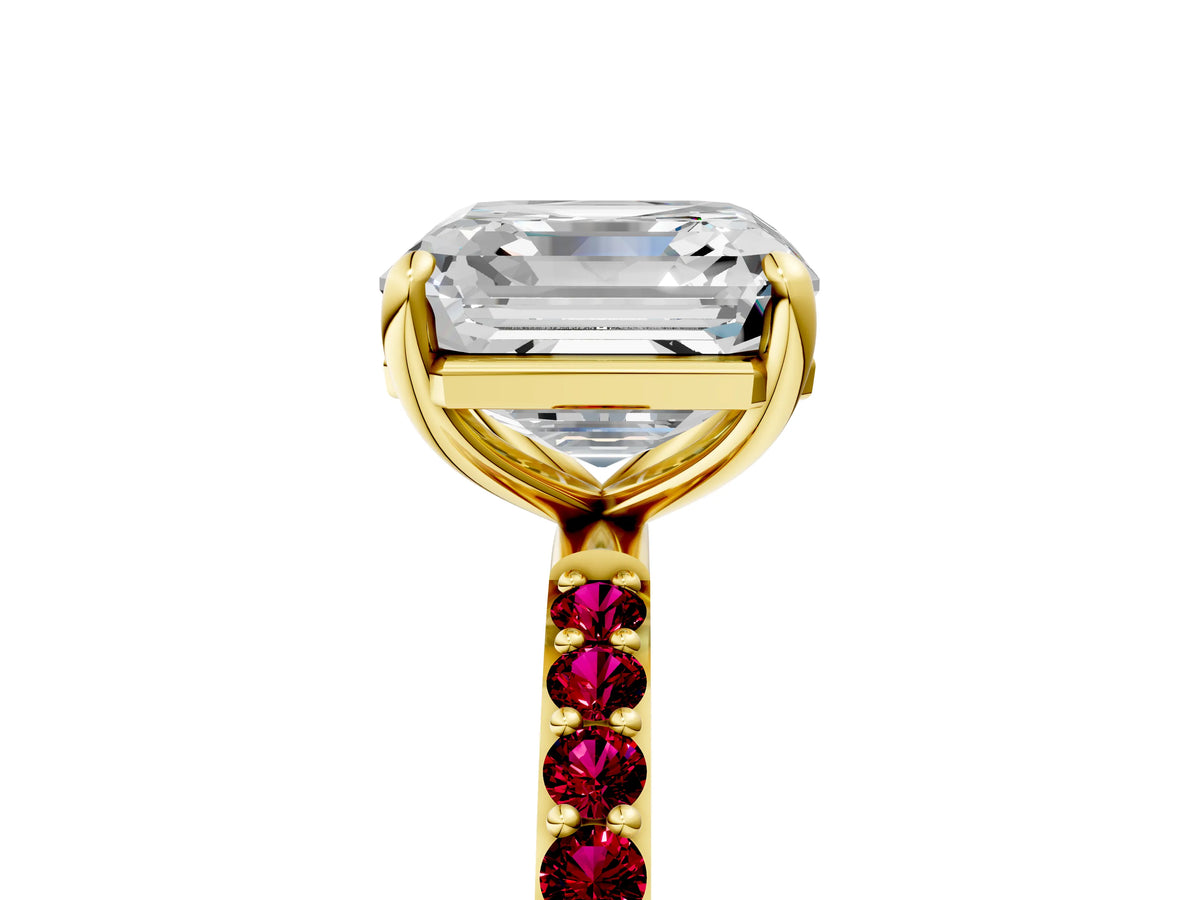 Yellow gold Asscher Cut Diamond Solitaire Ring with Round Garnet Pavé Band and Prong Setting_5