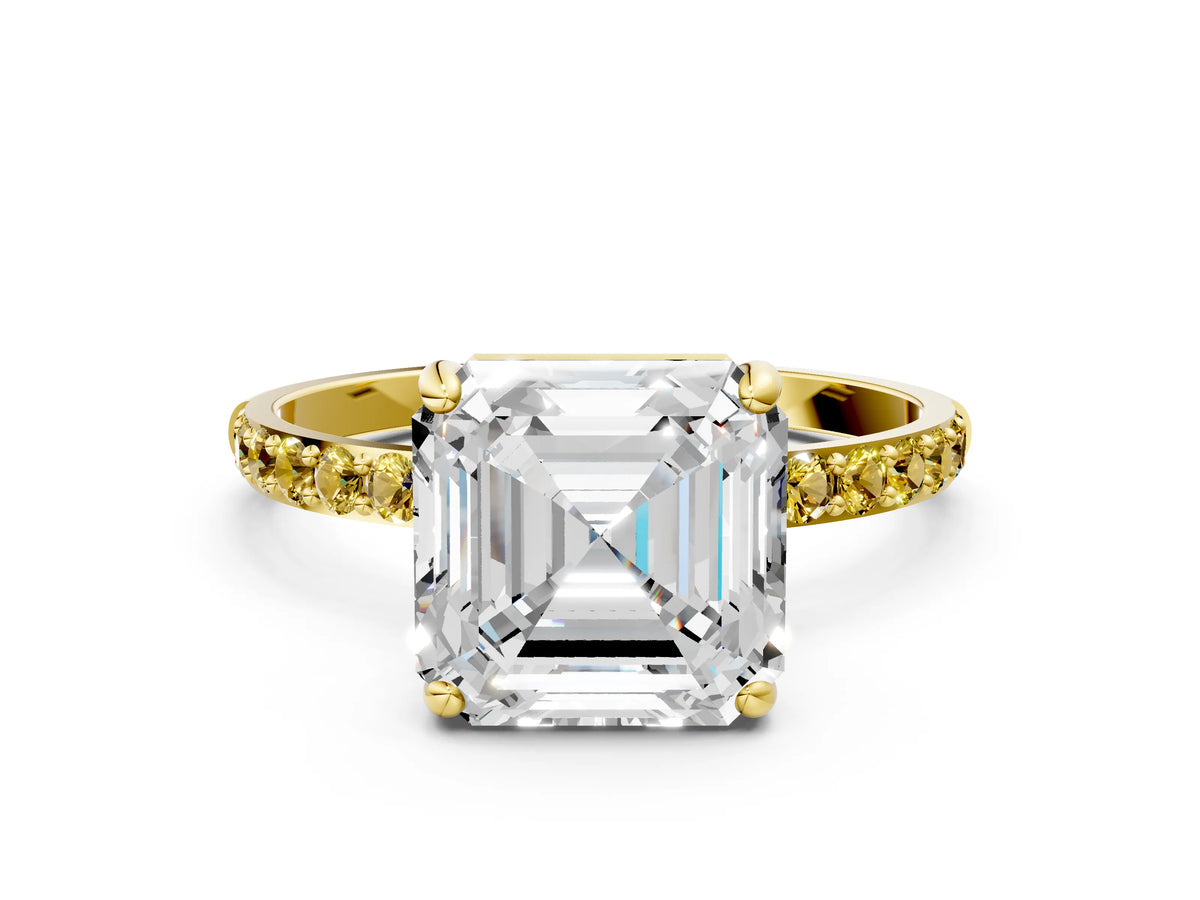 Yellow gold Asscher Cut Diamond Solitaire Ring with Round Yellow Sapphire Pavé Band and Prong Setting