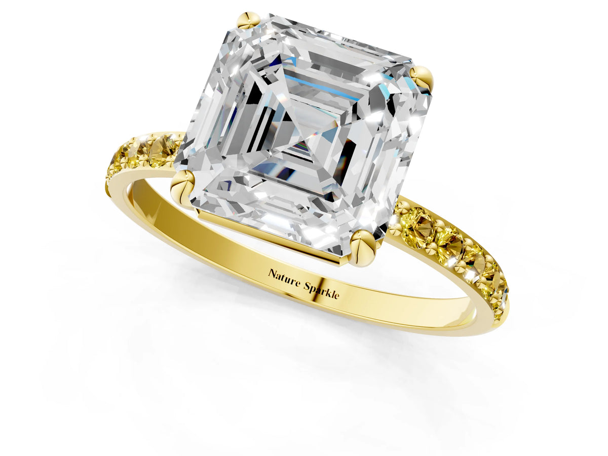 Yellow gold Asscher Cut Diamond Solitaire Ring with Round Yellow Sapphire Pavé Band and Prong Setting_1