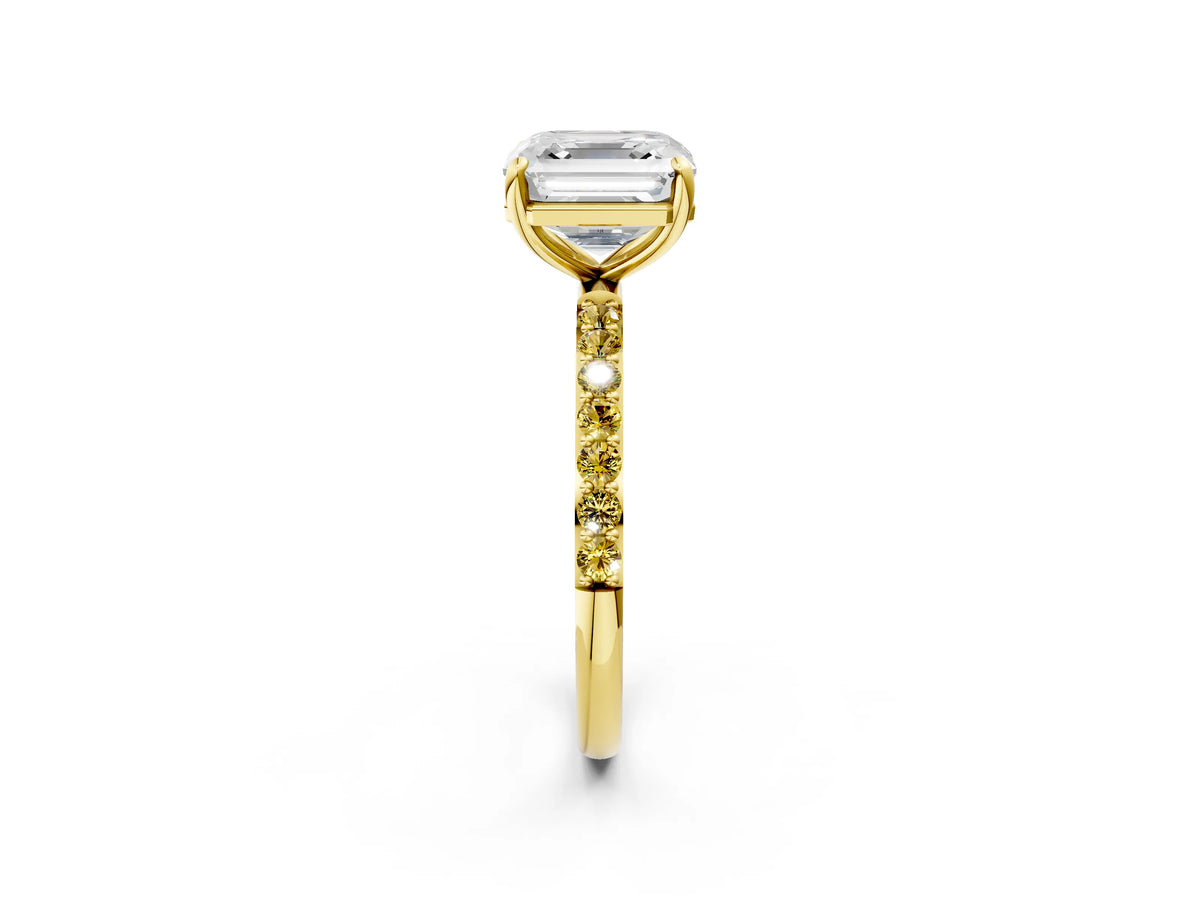 Yellow gold Asscher Cut Diamond Solitaire Ring with Round Yellow Sapphire Pavé Band and Prong Setting_2