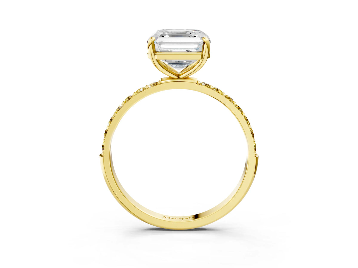 Yellow gold Asscher Cut Diamond Solitaire Ring with Round Yellow Sapphire Pavé Band and Prong Setting_3
