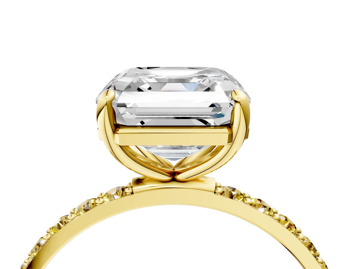 Yellow gold Asscher Cut Diamond Solitaire Ring with Round Yellow Sapphire Pavé Band and Prong Setting_4