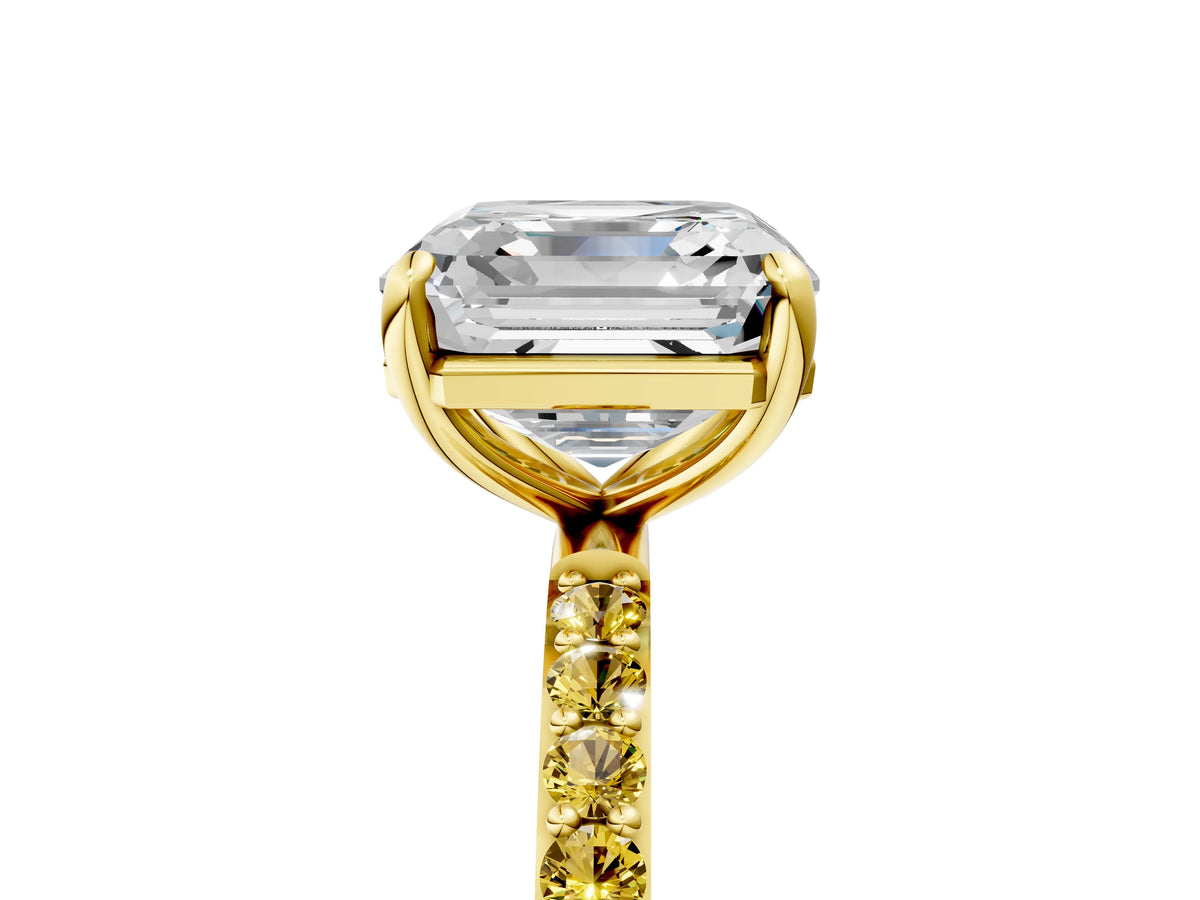 Yellow gold Asscher Cut Diamond Solitaire Ring with Round Yellow Sapphire Pavé Band and Prong Setting_5