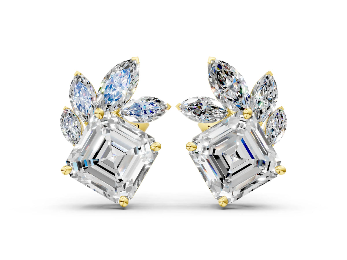 Yellow gold Asscher and Marquise Diamond Cluster Stud Earrings
