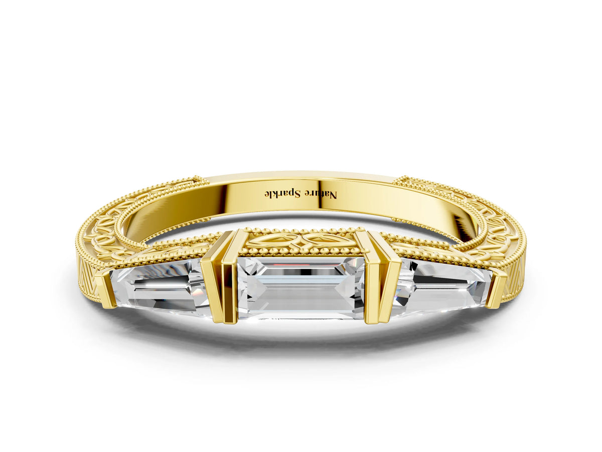 Yellow gold Baguette Cut Channel Set Milgrain Band with V-Prong Setting