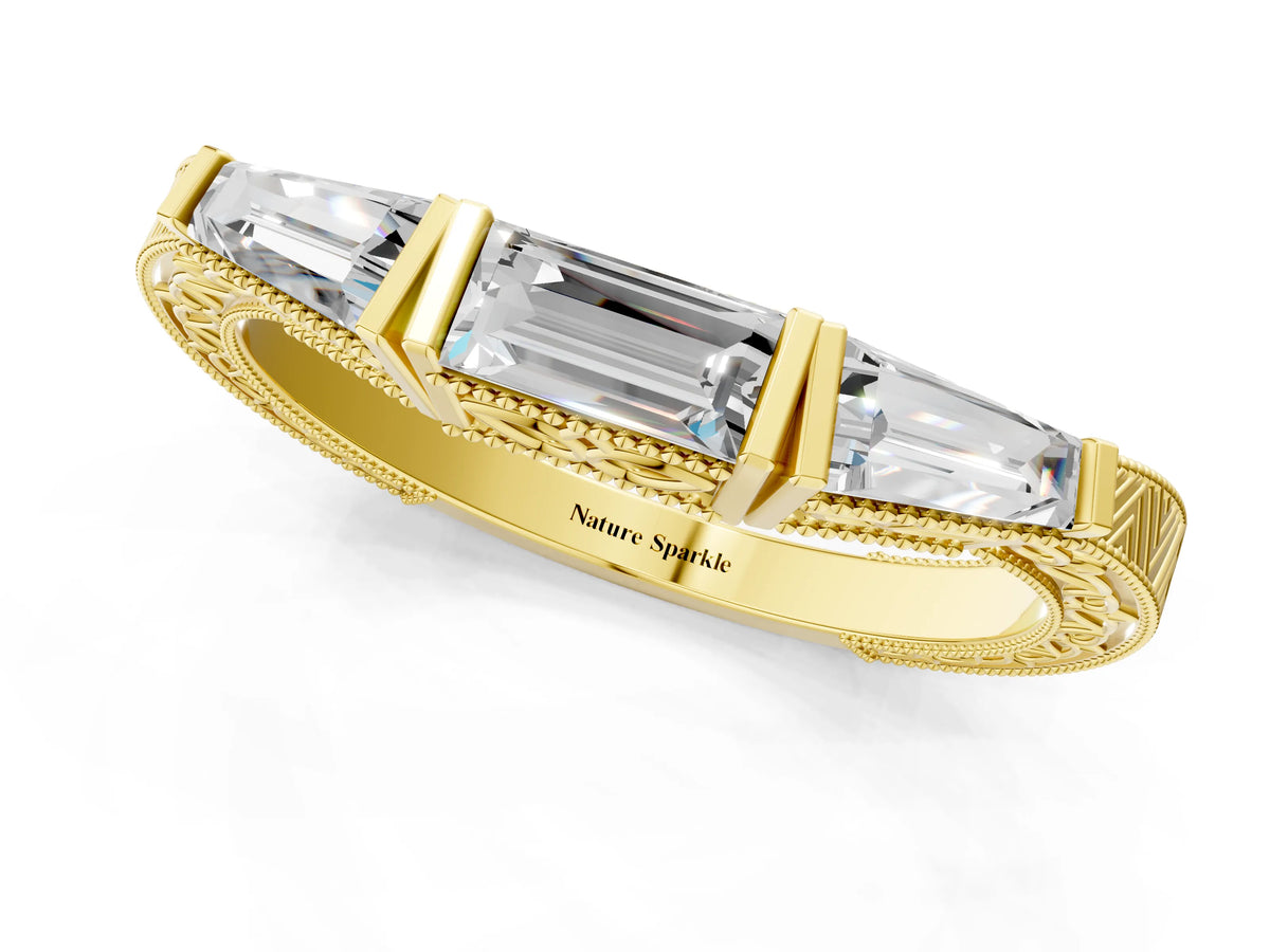 Yellow gold Baguette Cut Channel Set Milgrain Band with V-Prong Setting_1
