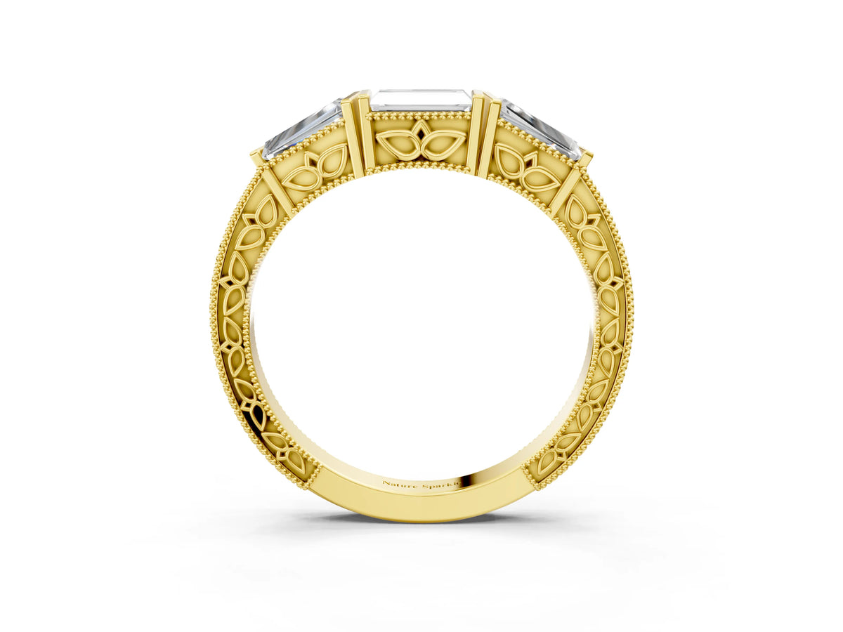 Yellow gold Baguette Cut Channel Set Milgrain Band with V-Prong Setting_3