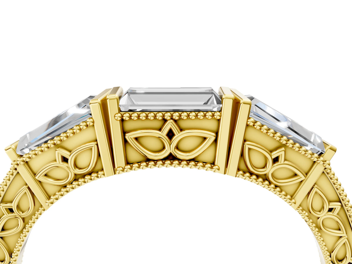Yellow gold Baguette Cut Channel Set Milgrain Band with V-Prong Setting_4