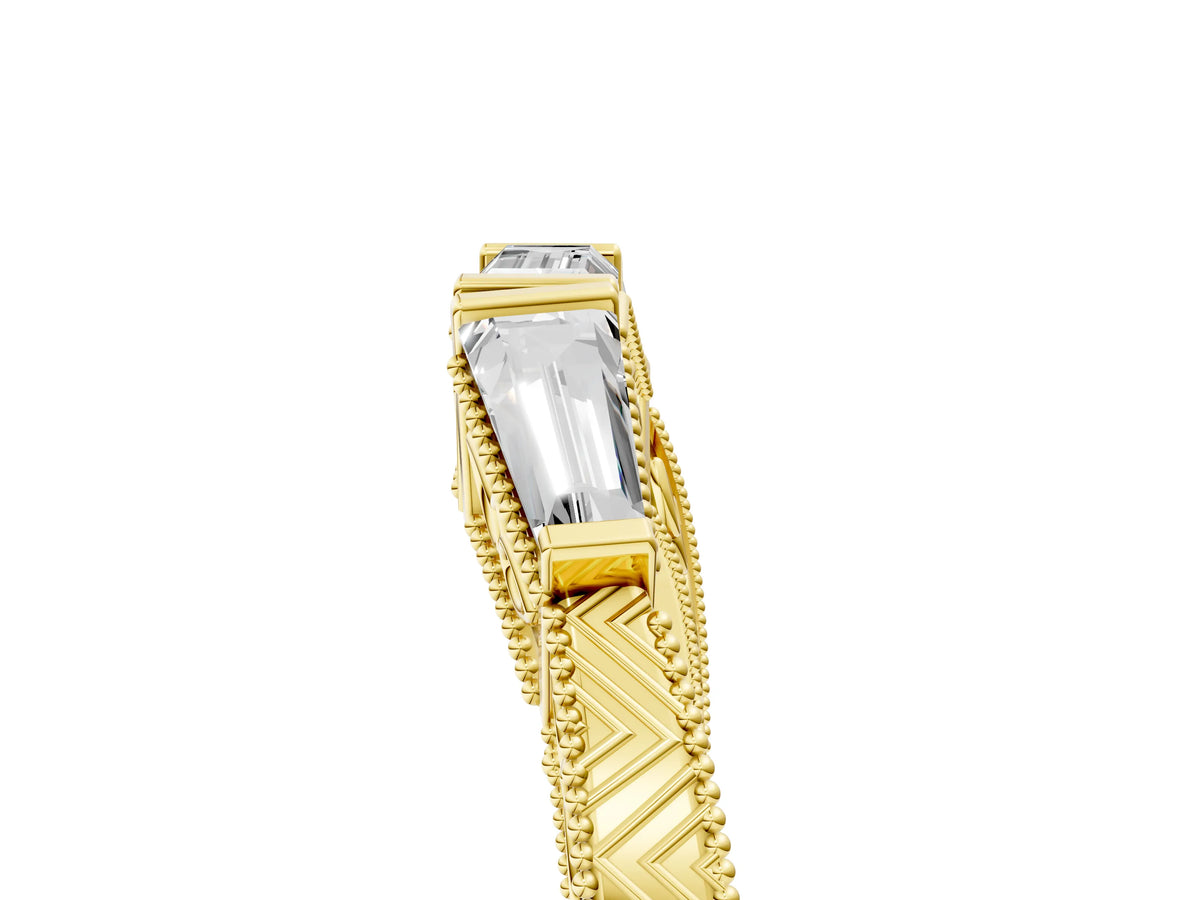 Yellow gold Baguette Cut Channel Set Milgrain Band with V-Prong Setting_5