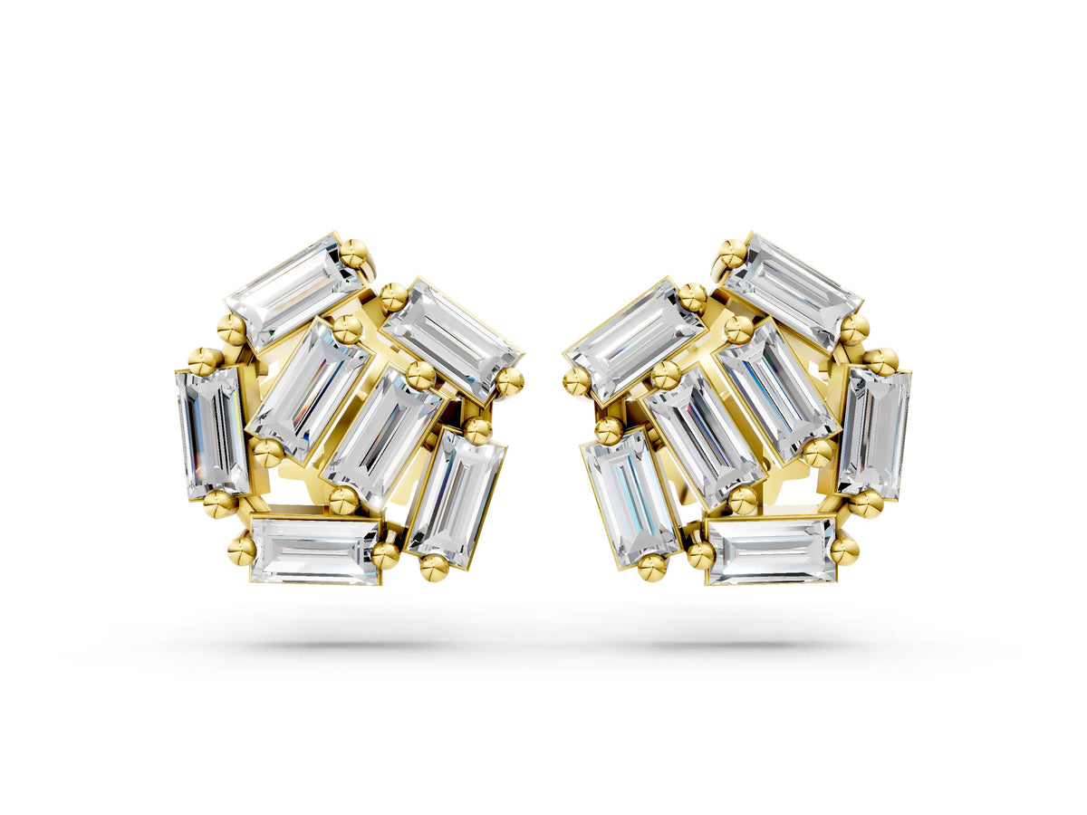 Yellow gold Baguette Diamond Cluster Stud Earrings