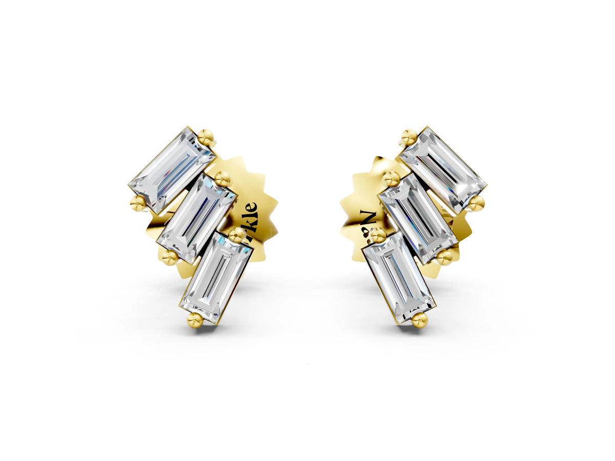 Yellow gold Baguette Diamond Three-Stone Stud Earrings