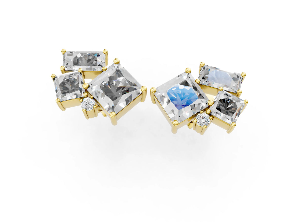 Yellow gold Baguette and Princess Diamond Mosaic Abstract Stud Earrings_1