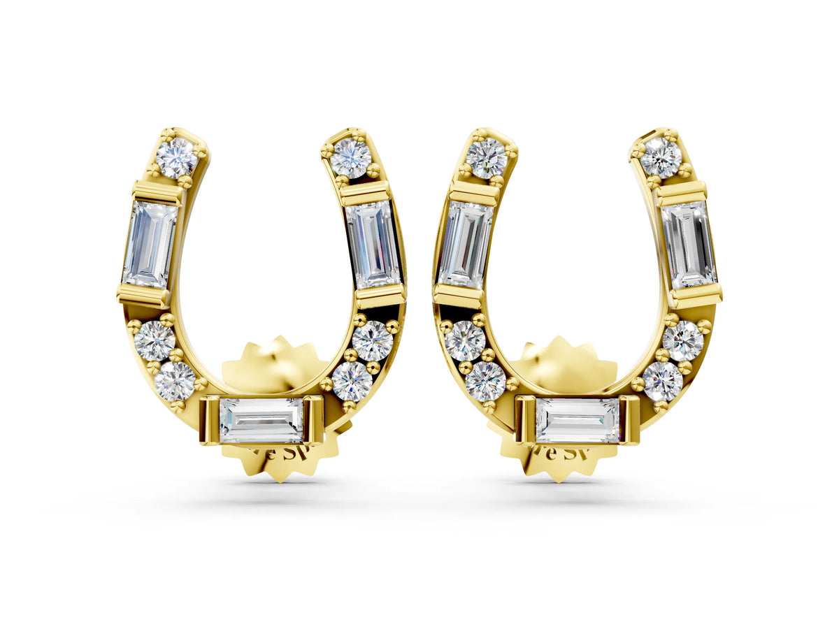 Yellow gold Baguette and Round Diamond Horseshoe Stud Earrings