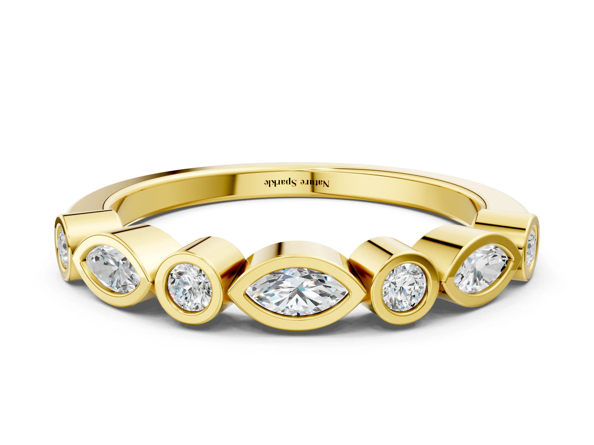 Yellow gold Bezel Set Marquise and Round Diamond Stackable Band